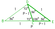 36,36,72 degree triangle with sides 1,1 and P
